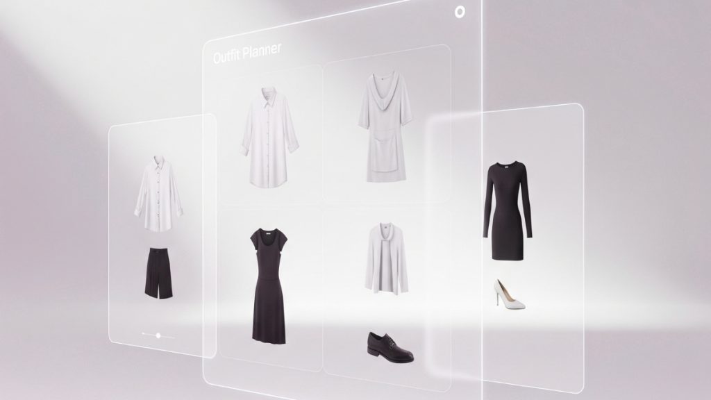 AI Outfit Planner – Virtual Fashion Styling Tool AI-powered virtual outfit planner interface with holographic clothing suggestions