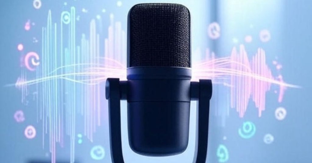 Voice Tone Analysis with AI-powered emotion detection featuring a microphone and digital sound waves