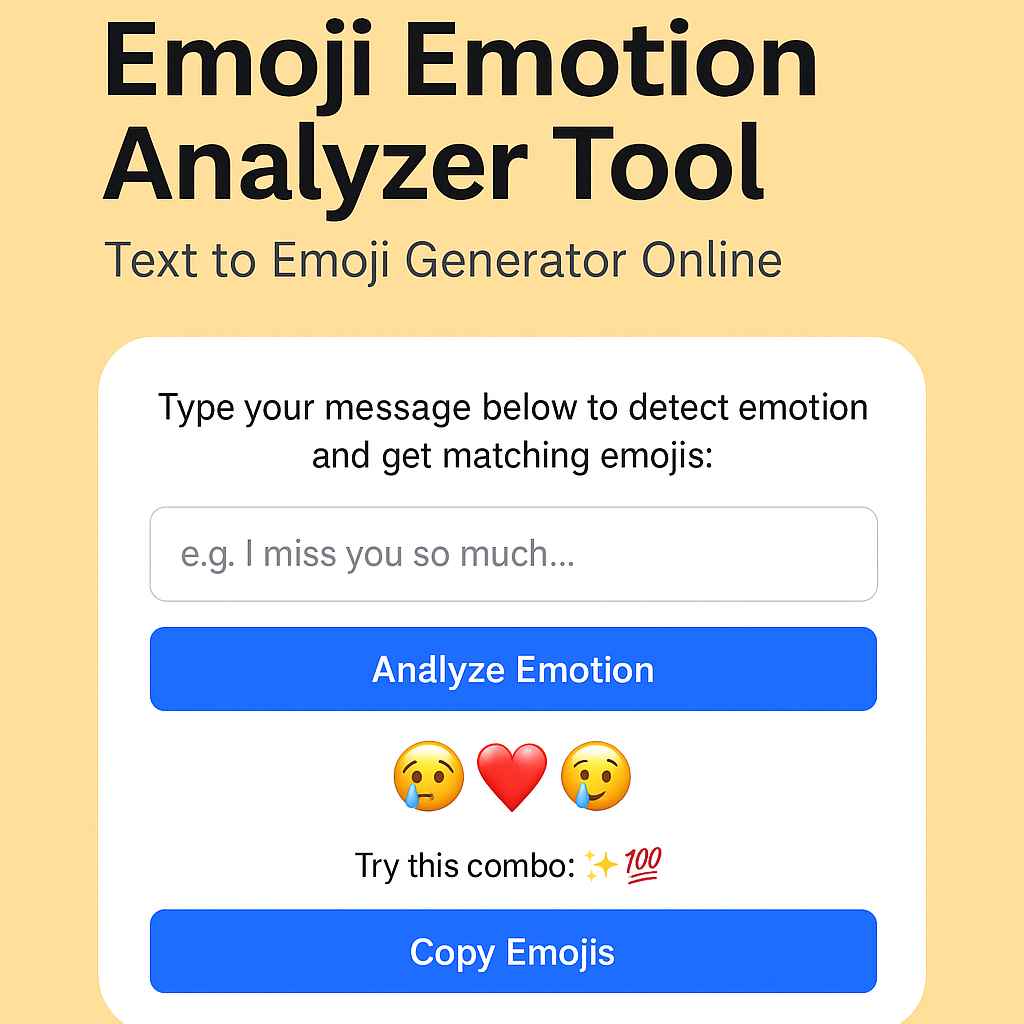A vibrant interface of the Emoji Emotion Analyzer Tool displaying a text input field with "Analyzing..." text, surrounded by a variety of suggested emojis including happy 😄, sad 😢, love ❤️, and funny 😂. The modern, mobile-responsive design features light and dark mode options, a copy emoji button, and a colorful digital background.