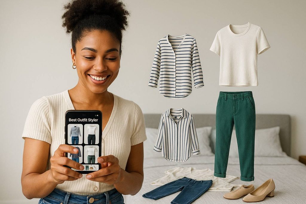 Woman using best outfit styler app with AI-generated outfit options and holographic clothing visualization
